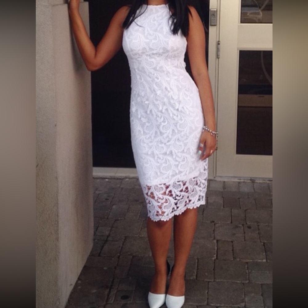 White Guess lace midi dress with a high neck